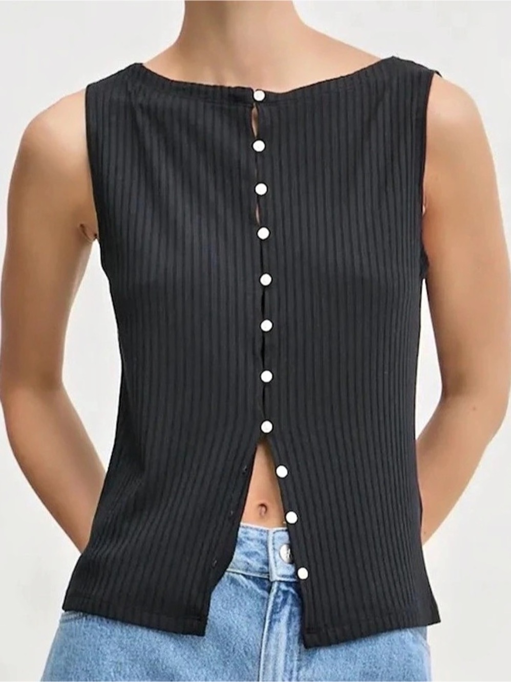 Abercrombie & Fitch Ribbed Slash Button-Through Sleeveless Top in Black